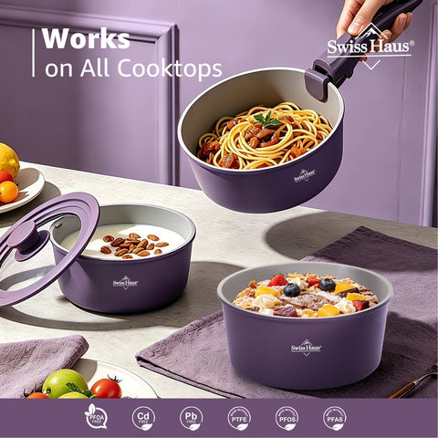 Swiss Haus® GCSP6C – Batterie 3 Casseroles Empilables Poignée Amovible – Sans PFAS – Induction – Crème