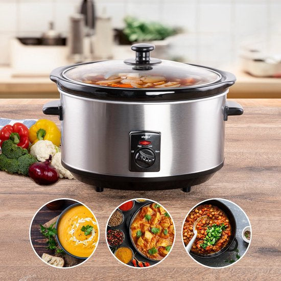 Mijoteuse Royalty Line® SLC1012 - 3,5 Litres - Avec casserole intérieure amovible en céramique - Sans PFAS - 240W - Fonction maintien au chaud - Acier inoxydable