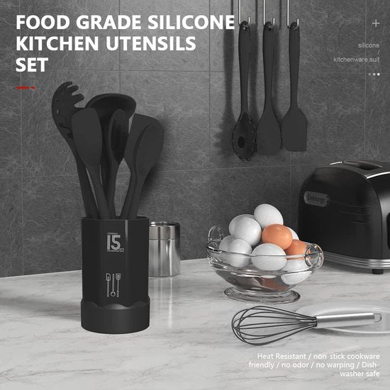 Set de Cuisine avec Support -  15 Pièces - Set de Kitchen tools - noir - Zwart