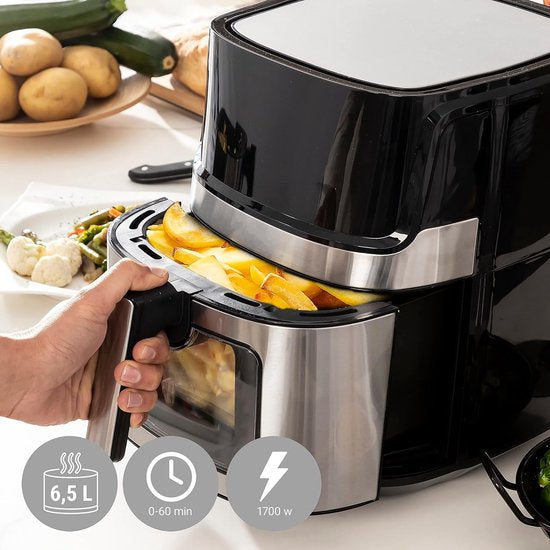 Airfryer XXL - 6.5 Liter Heteluchtfriteuse XL - 1700W - Digitaal Airfryers Met Kijkvenster - 8 Voorgeprogrammeerde Programma's - Zwart / RVS