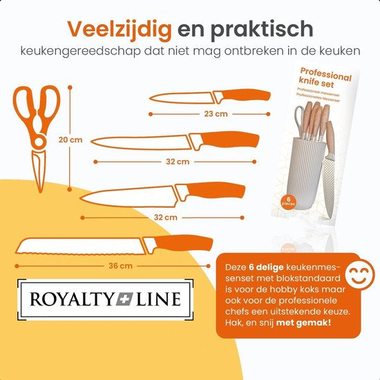 Royalty Line® DC07E Ensemble de couteaux avec bloc - Ensemble de couteaux de Luxe 7 pièces - Couteau à pain - Couteau de chef - Couteaux à viande et ciseaux avec ouvre-bière - Bloc à couteaux - Revêtement antiadhésif - Acier inoxydable / Marron