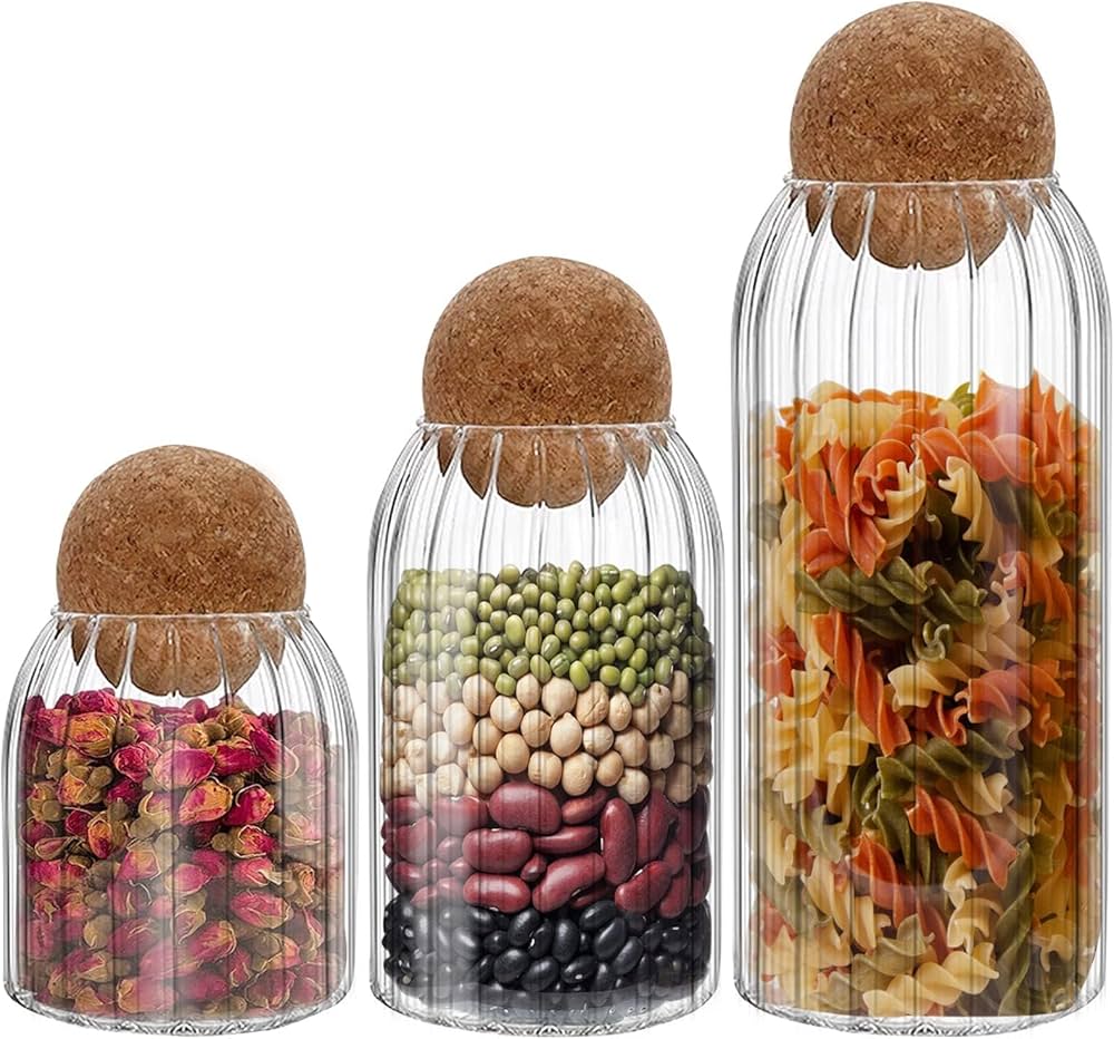 Lot de 3 bocaux de rangement en verre avec couvercle boule en liège