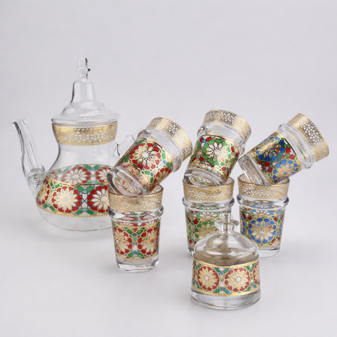 Service à Thé Marocain en Verre – 6 Verres, Théière et Cloche Décorative