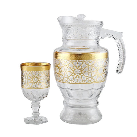 Ensemble d'eau 7 pièces avec décalcomanie d'impression pichet en verre transparent avec couvercle ensemble de verre à eau/ SERVICE À EAU ET JUS À MOTIFS GÉOMÉTRIQUES ( CARAFE ET 6 VERRES À PIED)