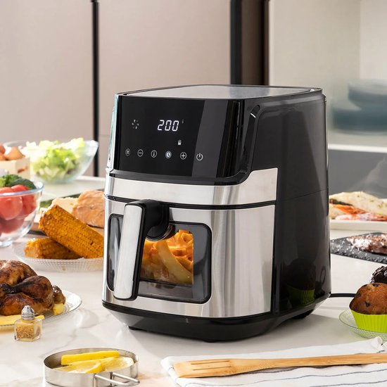 Airfryer XXL - 6.5 Liter Heteluchtfriteuse XL - 1700W - Digitaal Airfryers Met Kijkvenster - 8 Voorgeprogrammeerde Programma's - Zwart / RVS