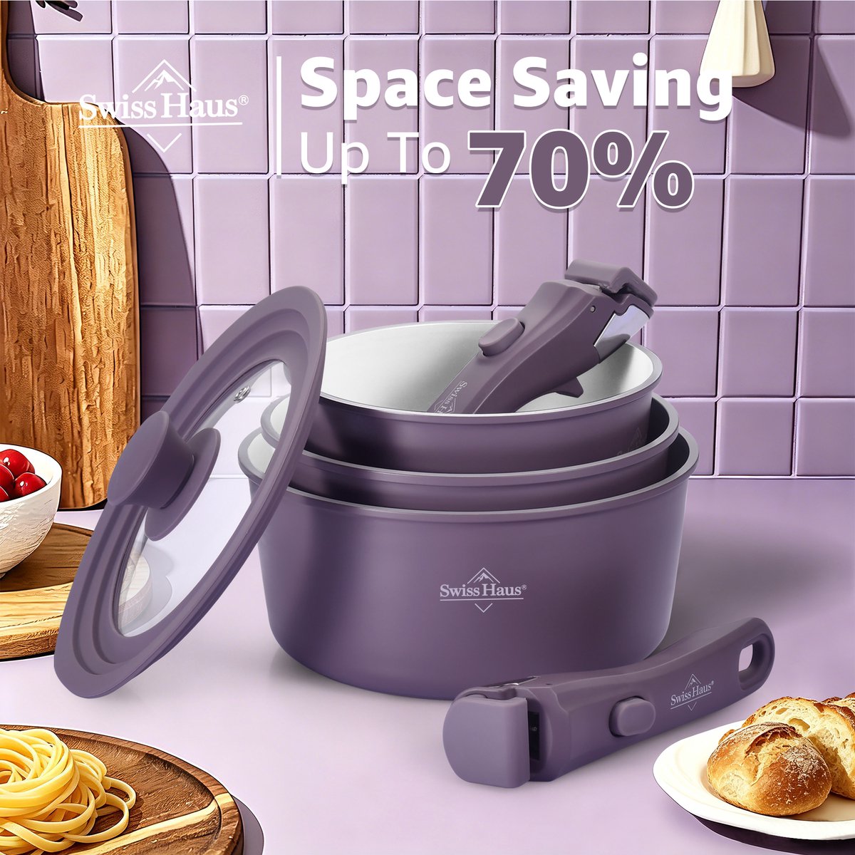 Swiss Haus® GCSP6C – Batterie de 3 Casseroles Empilables avec Poignée Amovible – Sans PFAS – Induction – Crème