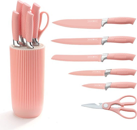 Royalty Line® NC07P Ensemble de couteaux avec bloc – Ensemble de couteaux de Luxe 7 pièces – Couteau à pain – Couteau de chef – Couteaux à viande et ciseaux avec ouvre-bière – Bloc à couteaux – Revêtement antiadhésif – Rose