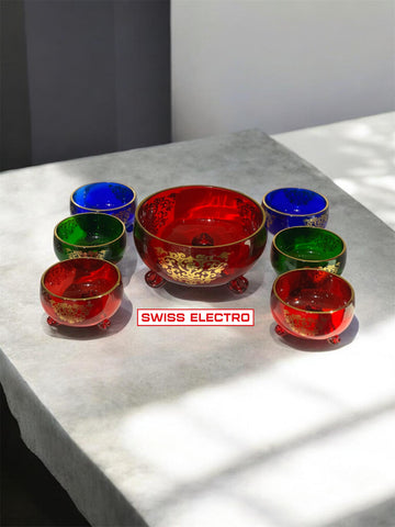 Service à Punch / soupière / Saladier en Verre Coloré Doré – 7 Pièces