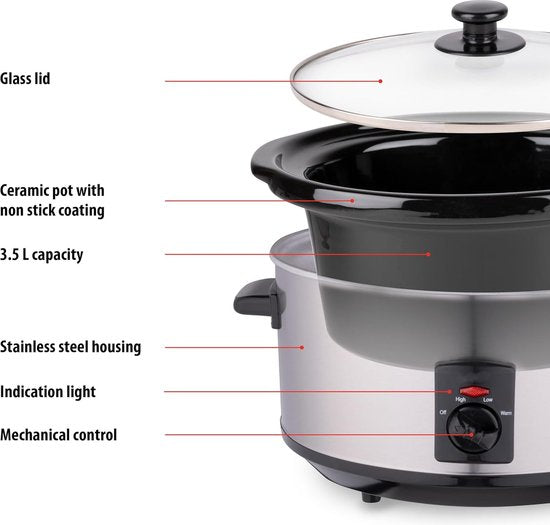 Mijoteuse Royalty Line® SLC1012 - 3,5 Litres - Avec casserole intérieure amovible en céramique - Sans PFAS - 240W - Fonction maintien au chaud - Acier inoxydable