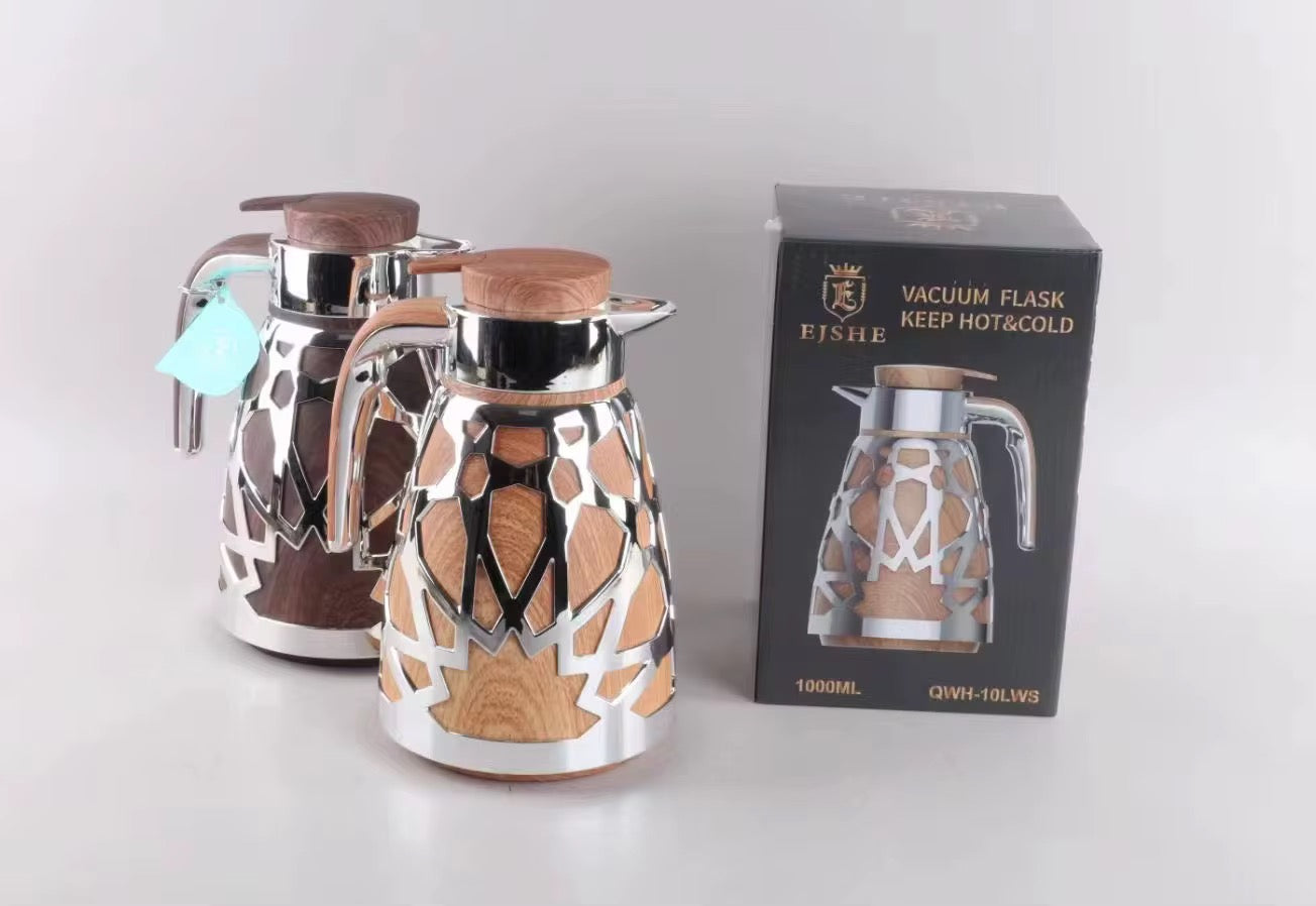 thermos de luxe style arabe avec coquille creuse 1000ml rose glass / silver/ gris/ bois