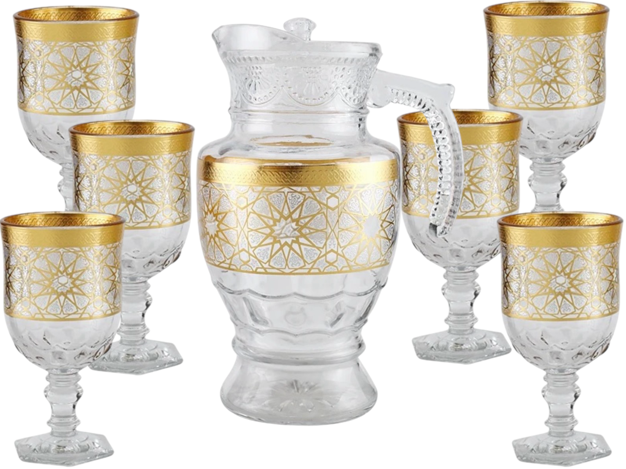 Ensemble d'eau 7 pièces avec décalcomanie d'impression pichet en verre transparent avec couvercle ensemble de verre à eau/ SERVICE À EAU ET JUS À MOTIFS GÉOMÉTRIQUES ( CARAFE ET 6 VERRES À PIED)