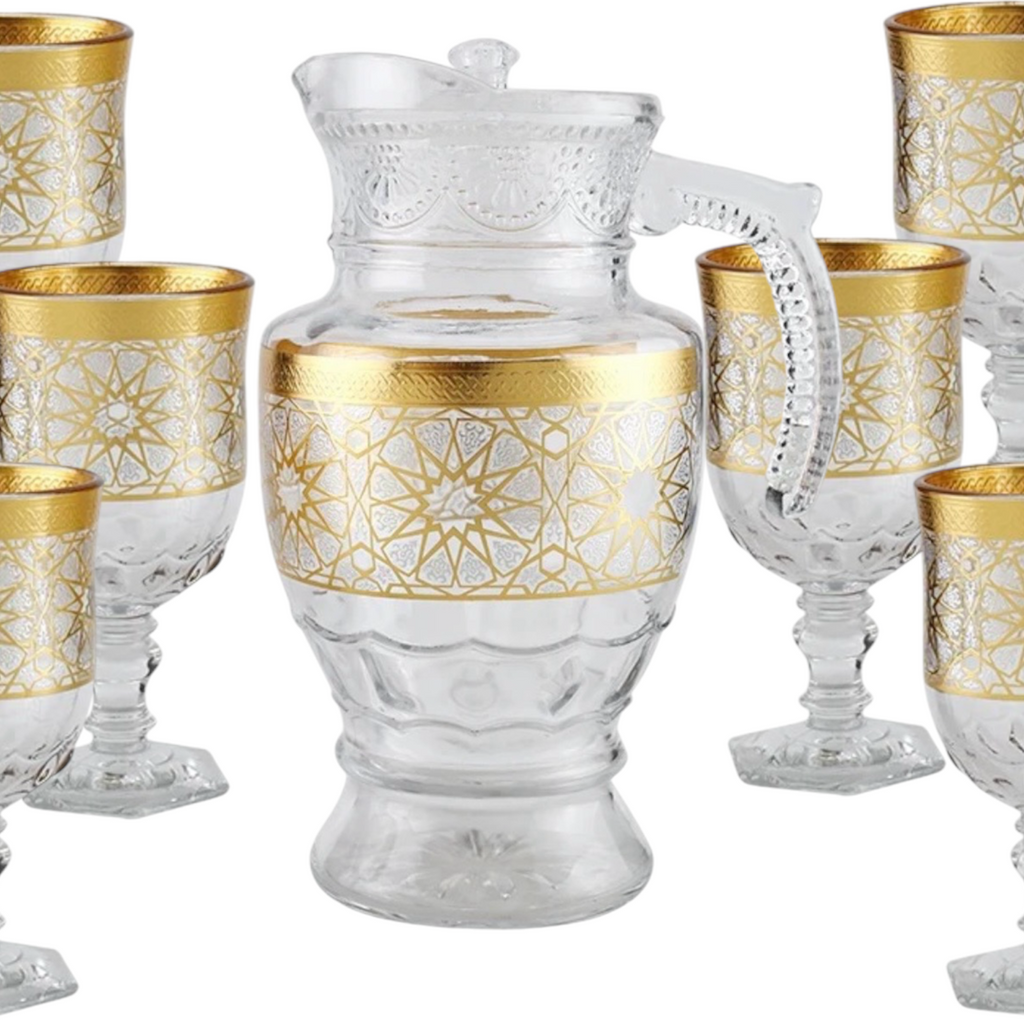 Ensemble d'eau 7 pièces avec décalcomanie d'impression pichet en verre transparent avec couvercle ensemble de verre à eau/ SERVICE À EAU ET JUS À MOTIFS GÉOMÉTRIQUES ( CARAFE ET 6 VERRES À PIED)