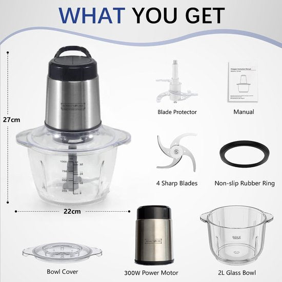 🔪 Hachoir Multifonctionnel Électrique – 300 W – Bol 1,2 L glass / bols en verre