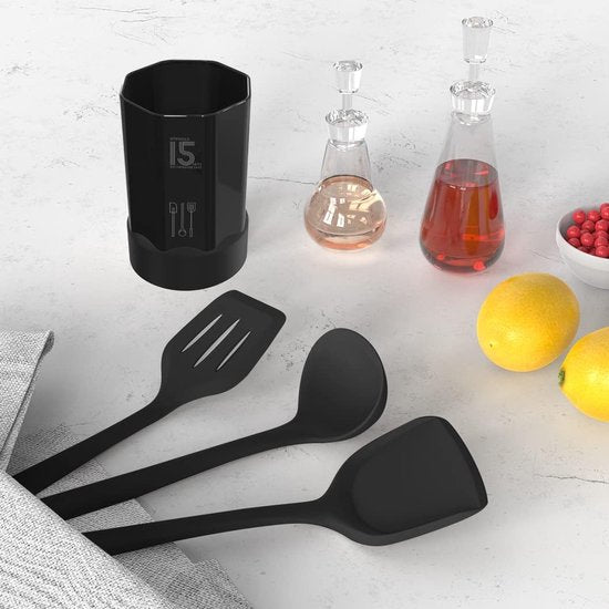 Set de Cuisine avec Support -  15 Pièces - Set de Kitchen tools - noir - Zwart