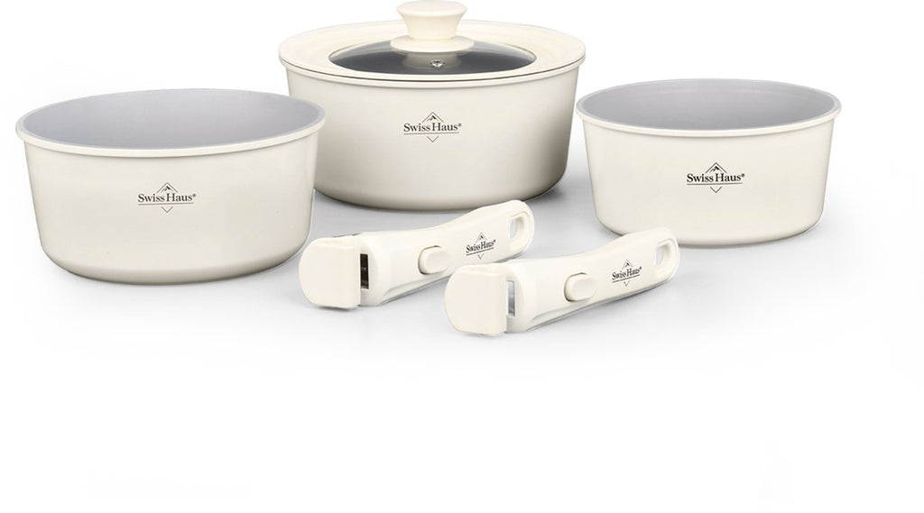 Swiss Haus® GCSP6C – Batterie de 3 Casseroles Empilables avec Poignée Amovible – Sans PFAS – Induction – Crème