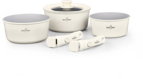 Swiss Haus® GCSP6C – Batterie 3 Casseroles Empilables Poignée Amovible – Sans PFAS – Induction – Crème