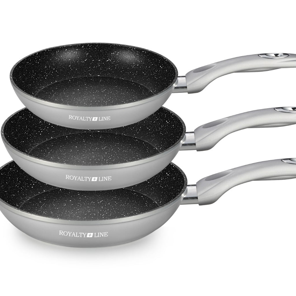 Set de 3 Pieces à frire revêtement en marbre/ poêle 3 pcs gris