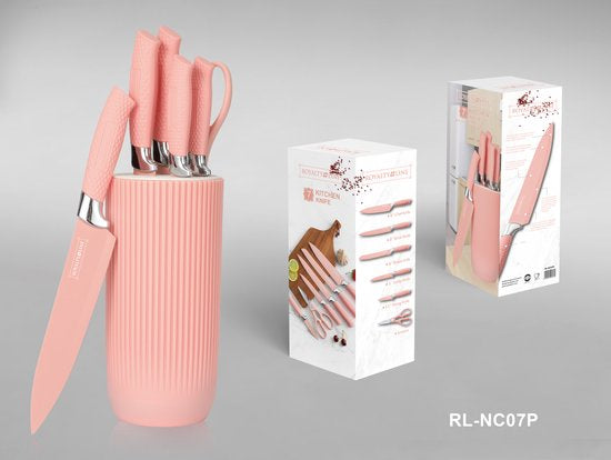 Royalty Line® NC07P Ensemble de couteaux avec bloc – Ensemble de couteaux de Luxe 7 pièces – Couteau à pain – Couteau de chef – Couteaux à viande et ciseaux avec ouvre-bière – Bloc à couteaux – Revêtement antiadhésif – Rose