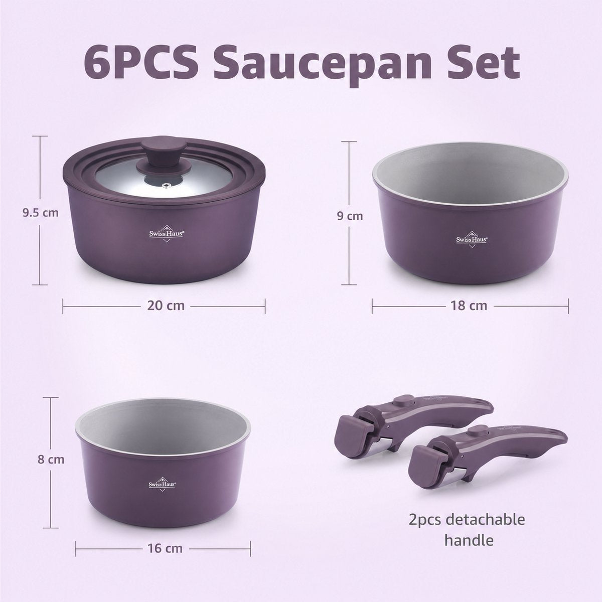 Swiss Haus® GCSP6C – Batterie de 3 Casseroles Empilables avec Poignée Amovible – Sans PFAS – Induction – Crème