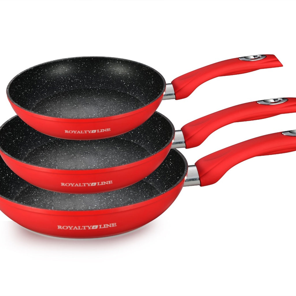 Set de 3 Pieces à frire revêtement en marbre/ poêle 3 pcs rouge