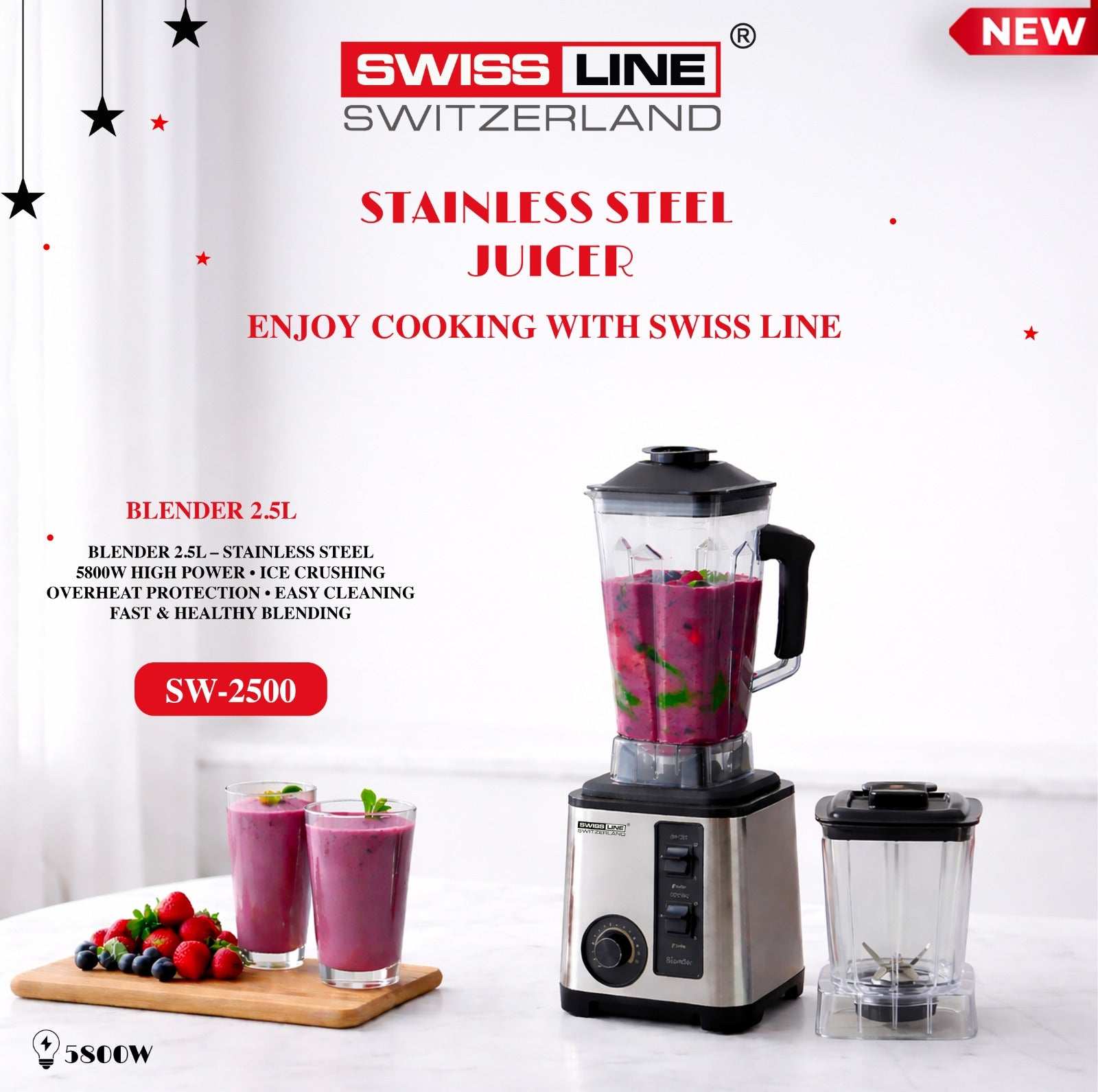 Mixeur Électrique Swiss Line SL-2500 2in1 - 2,5L - 5800W