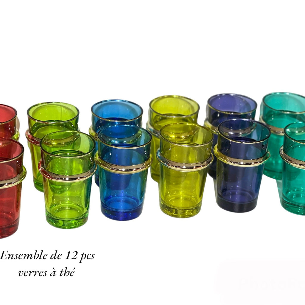 Ensemble de 12 pcs verres à thé marocain mix couleur bordure doré