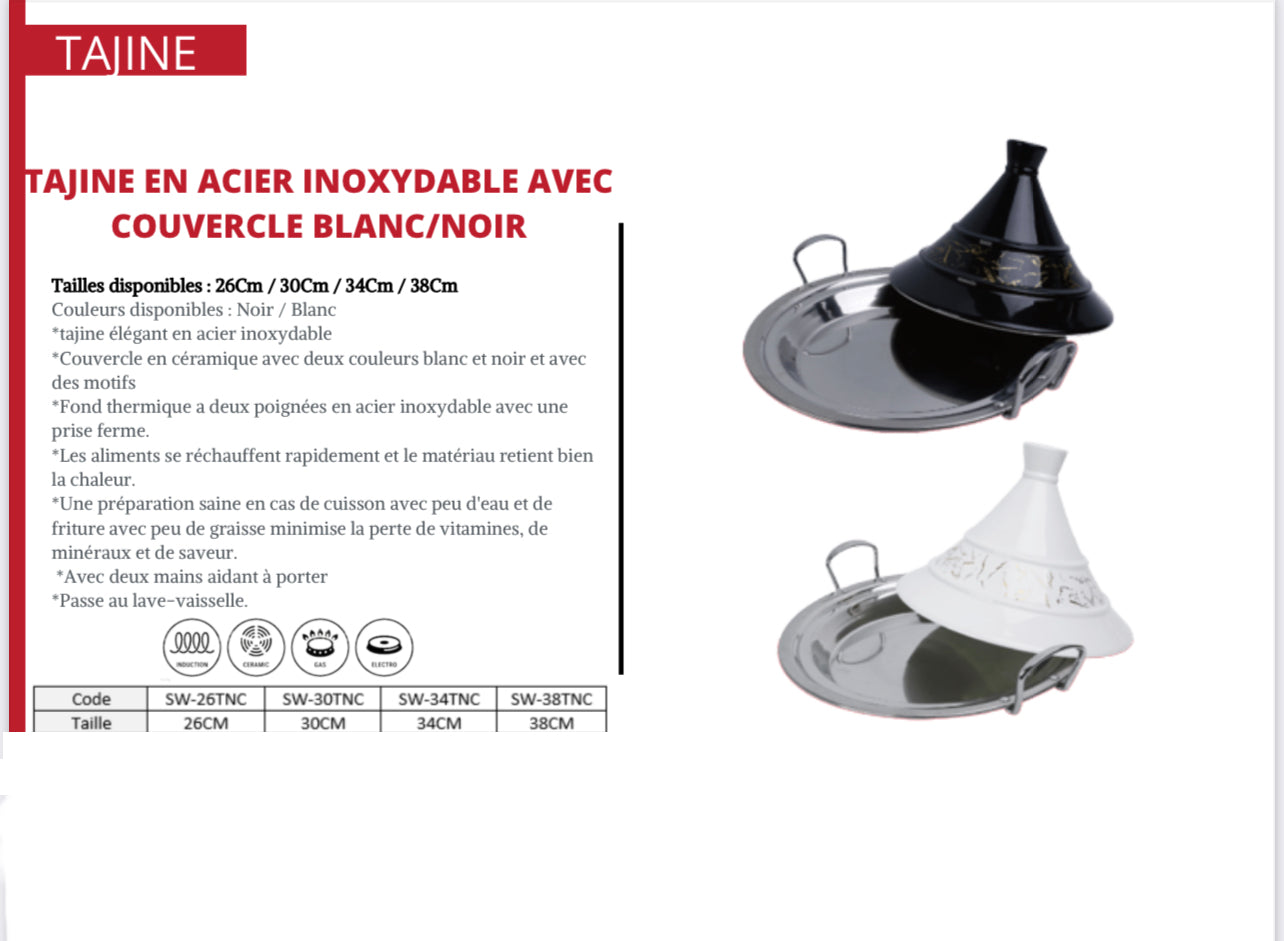TAJINE EN ACIER INOXYDABLE AVEC COUVERCLE BLANC/NOIR